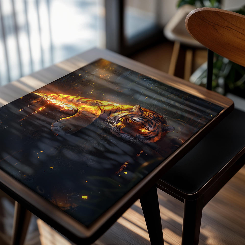 Fierce tiger in a dark forest with glowing eyes, as a premium aluminum metal print from GoMetalPrint.
