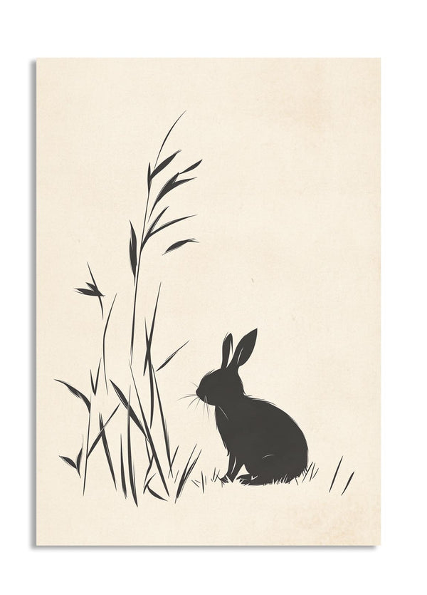Silhouette of a rabbit among tall grass on a beige background, as a premium aluminum metal print from GoMetalPrint.
