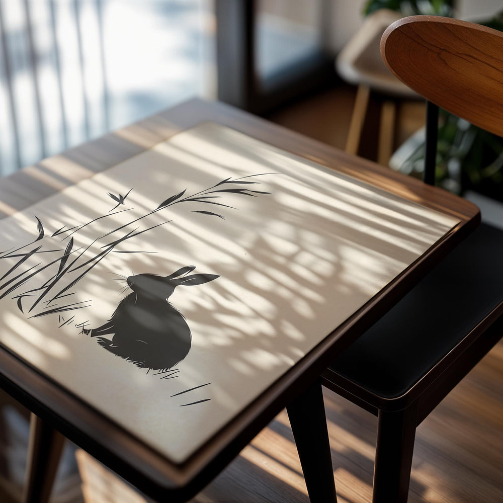 Silhouette of a rabbit among tall grass on a beige background, as a premium aluminum metal print from GoMetalPrint.
