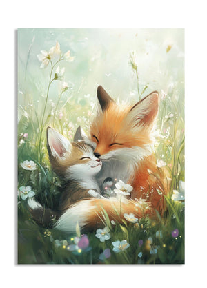 Two foxes embracing in a field of flowers with a soft, pastel background, as a premium aluminum metal print from GoMetalPrint.
