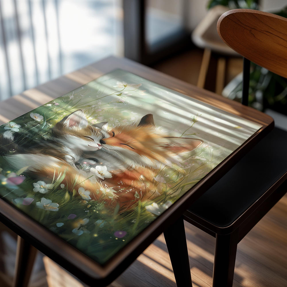 Two foxes embracing in a field of flowers with a soft, pastel background, as a premium aluminum metal print from GoMetalPrint.
