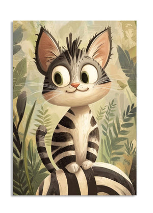 Cartoon cat with striped pattern sitting among leaves on a beige background, as a premium aluminum metal print from GoMetalPrint.
