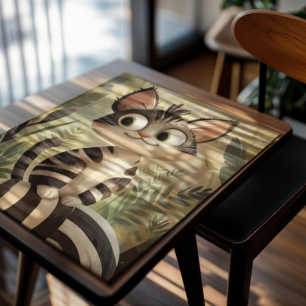 Cartoon cat with striped pattern sitting among leaves on a beige background, as a premium aluminum metal print from GoMetalPrint.

