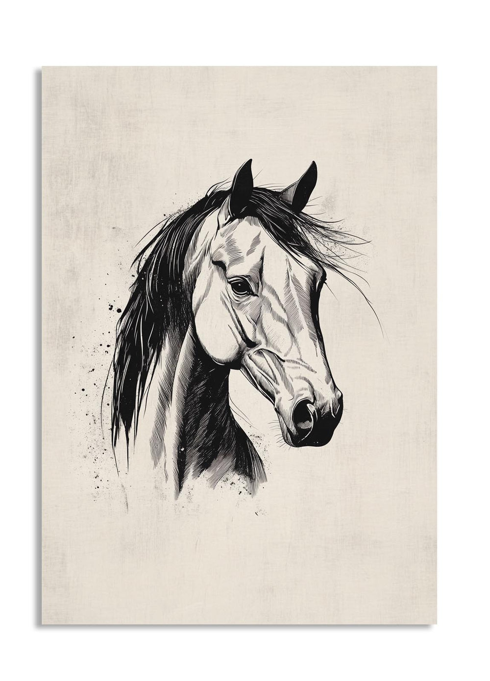 Black and white illustration of a horse's head on a beige background, as a premium aluminum metal print from GoMetalPrint.
