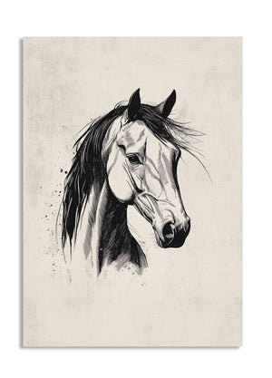 Black and white illustration of a horse's head on a beige background, as a premium aluminum metal print from GoMetalPrint.
