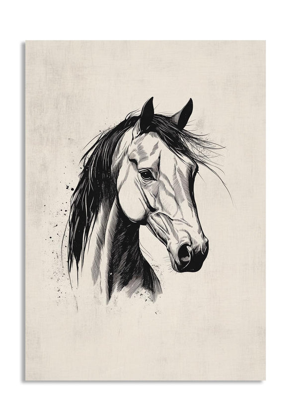 Black and white illustration of a horse's head on a beige background, as a premium aluminum metal print from GoMetalPrint.
