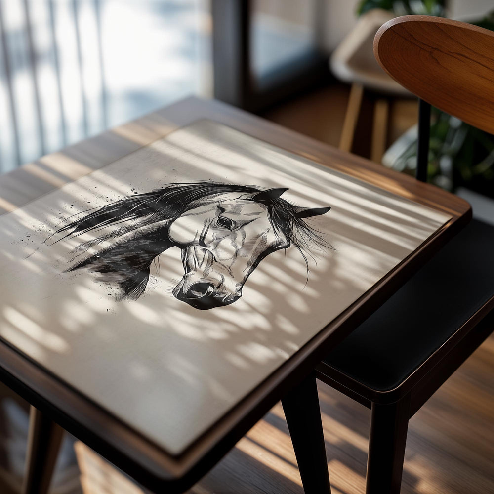 Black and white illustration of a horse's head on a beige background, as a premium aluminum metal print from GoMetalPrint.
