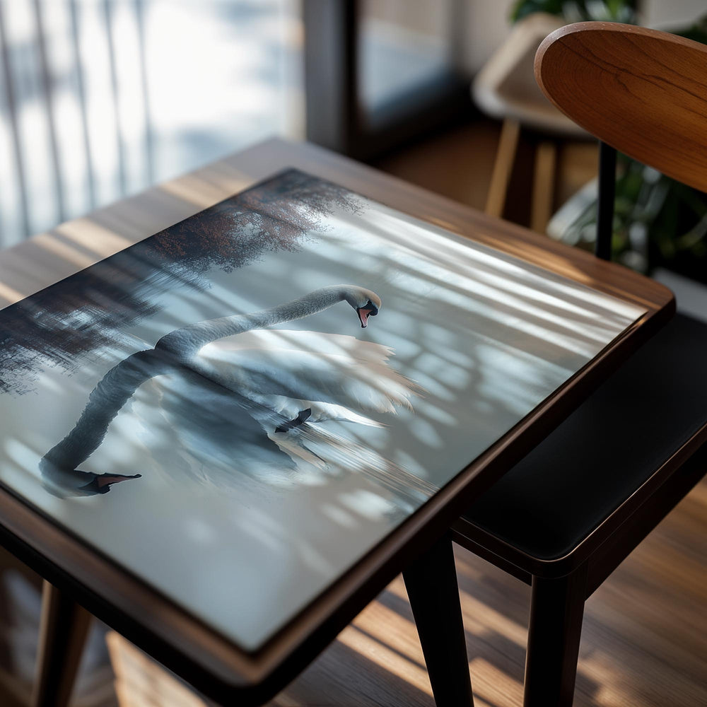 Swan on a misty lake with trees in the background, as a premium aluminum metal print from GoMetalPrint.
