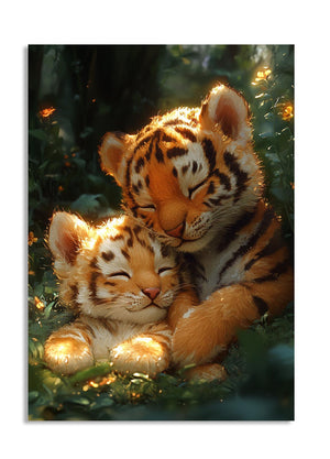 Two tiger cubs hugging in a natural setting with greenery, as a premium aluminum metal print from GoMetalPrint.
