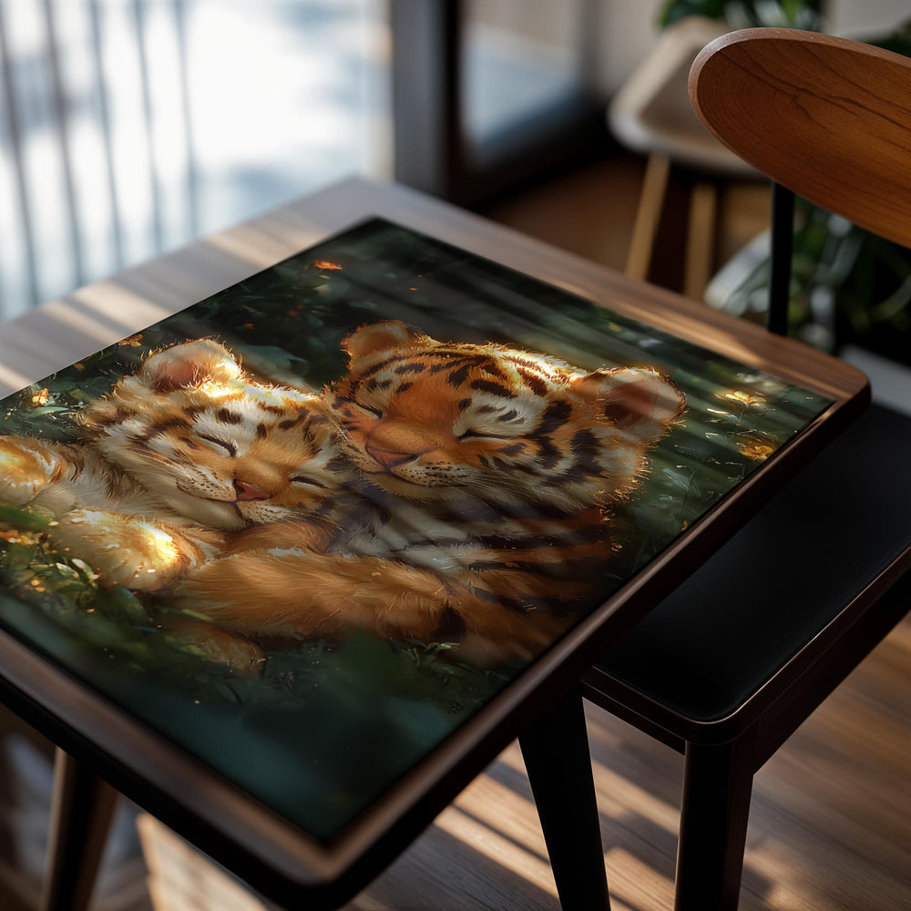 Two tiger cubs hugging in a natural setting with greenery, as a premium aluminum metal print from GoMetalPrint.
