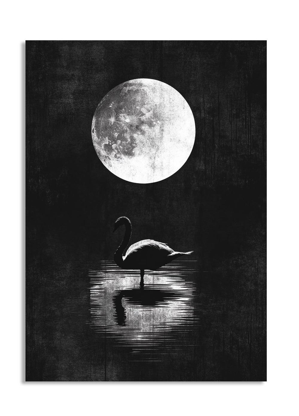 Silhouette of a swan on water with a large moon in the sky, as a premium aluminum metal print from GoMetalPrint.
