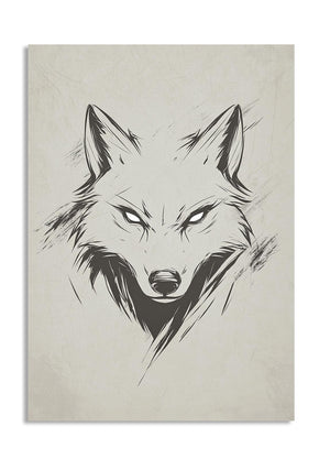 Black and white illustration of a wolf's head on a textured beige background, as a premium aluminum metal print from GoMetalPrint.

