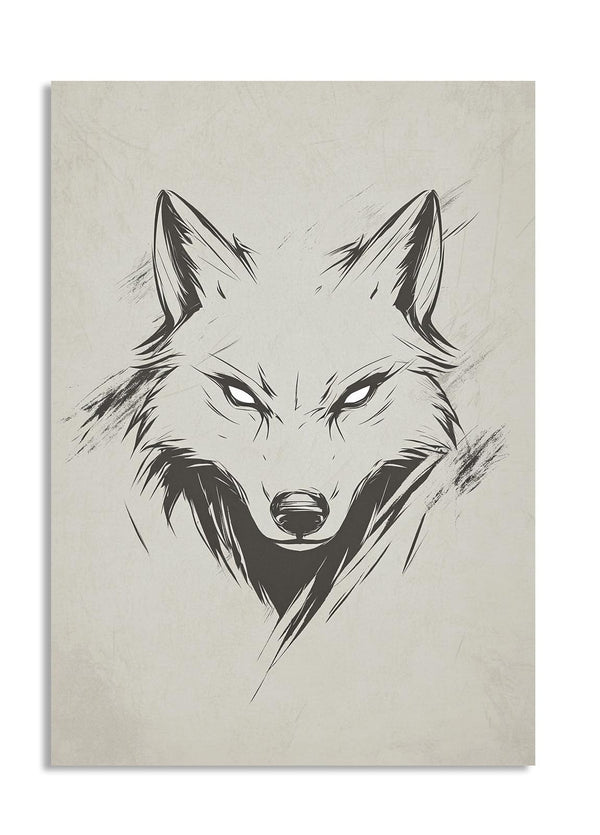 Black and white illustration of a wolf's head on a textured beige background, as a premium aluminum metal print from GoMetalPrint.
