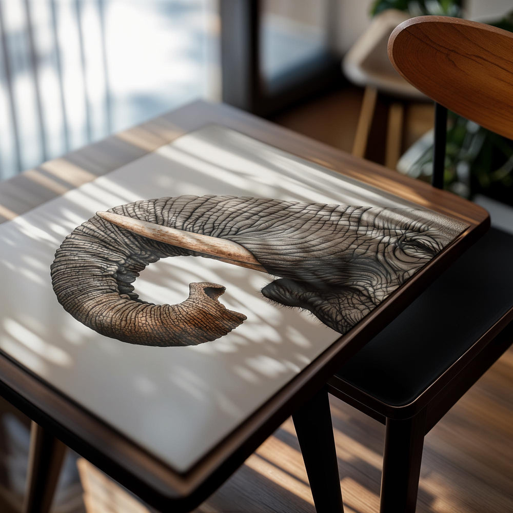 Illustration of an elephant's head on a white background, as a premium aluminum metal print from GoMetalPrint.
