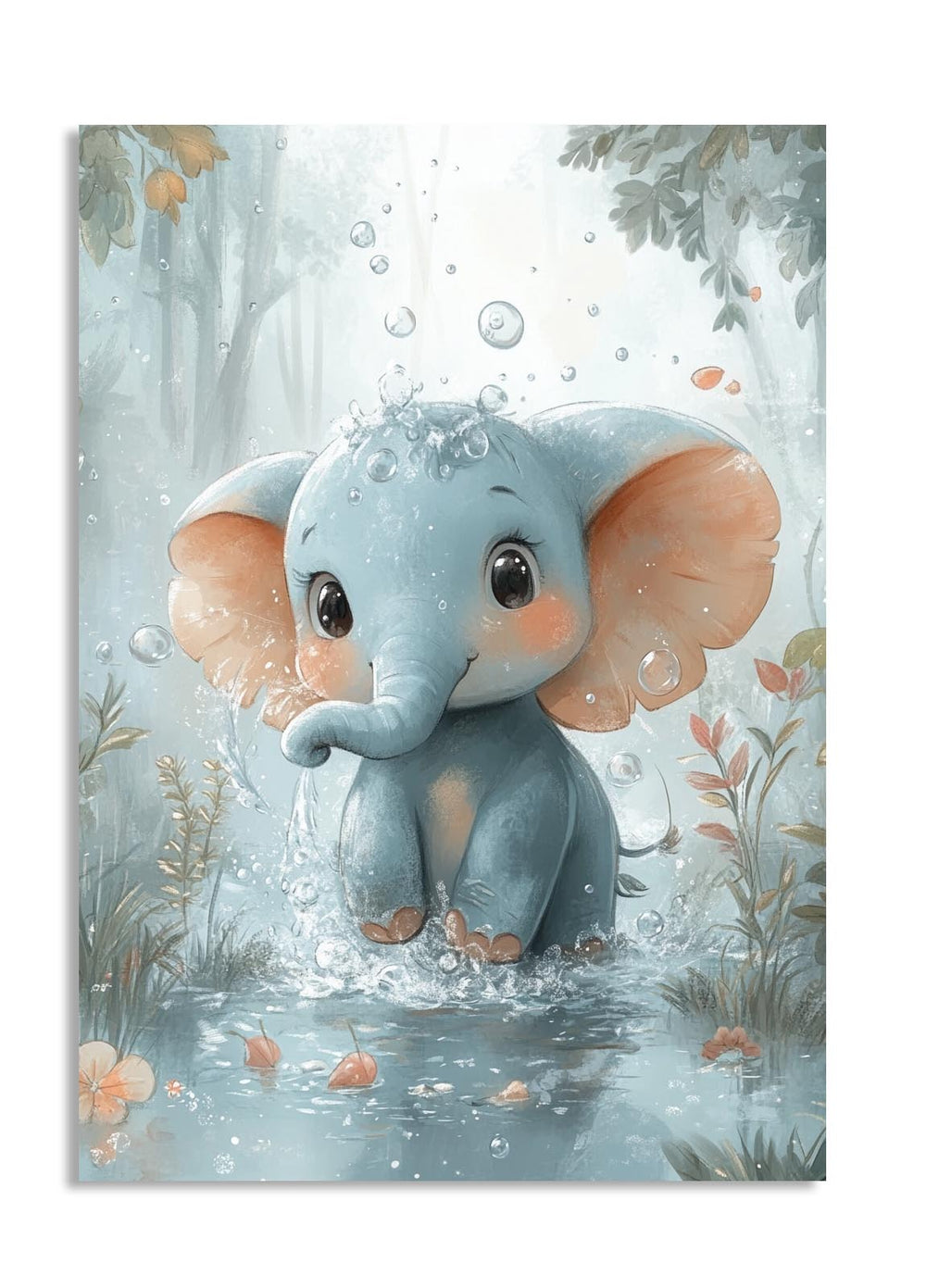 Illustration of a cute elephant in a forest setting with water and foliage, as a premium aluminum metal print from GoMetalPrint.
