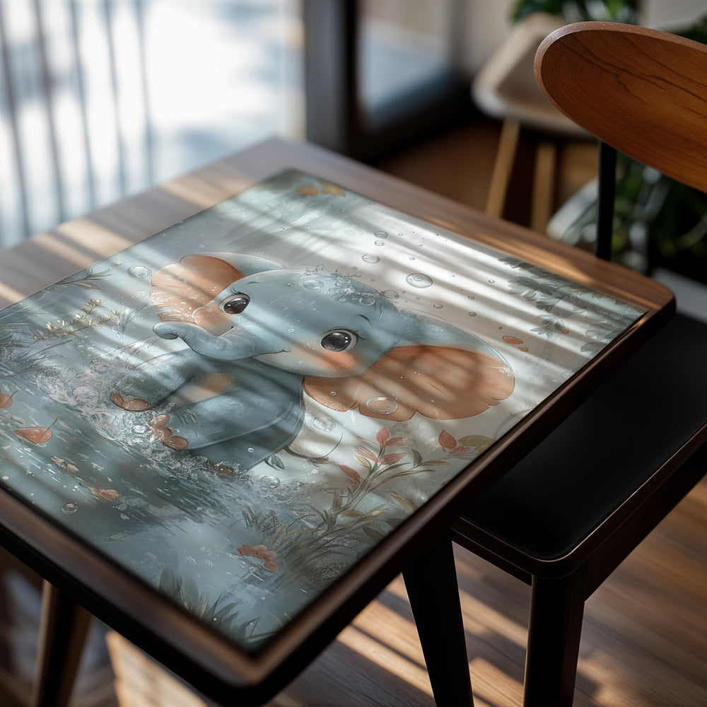 Illustration of a cute elephant in a forest setting with water and foliage, as a premium aluminum metal print from GoMetalPrint.
