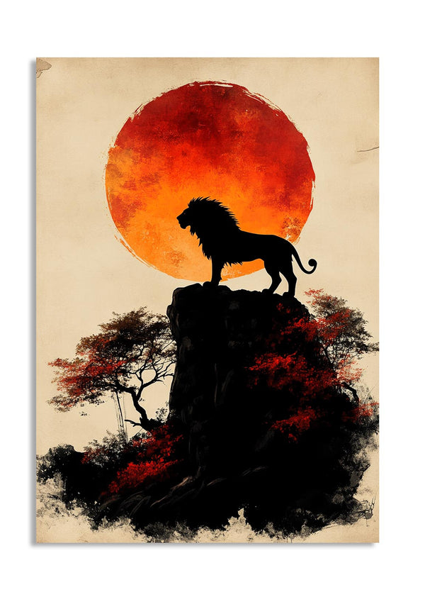 Silhouette of a lion on a rock with a red sun in the background, as a premium aluminum metal print from GoMetalPrint.
