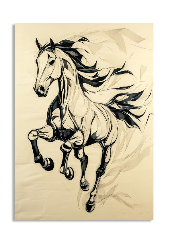 Stylized drawing of a horse rearing on a beige background, as a premium aluminum metal print from GoMetalPrint.
