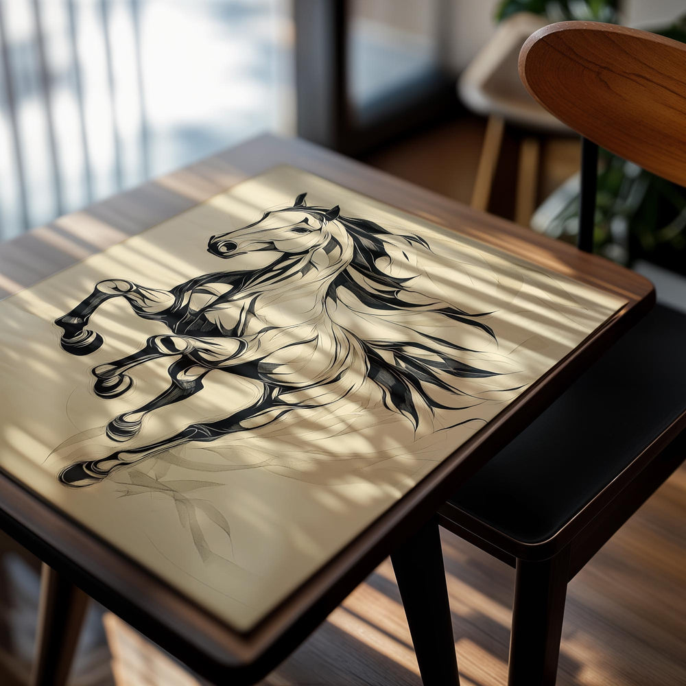 Stylized drawing of a horse rearing on a beige background, as a premium aluminum metal print from GoMetalPrint.
