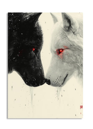 Two wolves, one black and one white, facing each other with red eyes on a beige background, as a premium aluminum metal print from GoMetalPrint.

