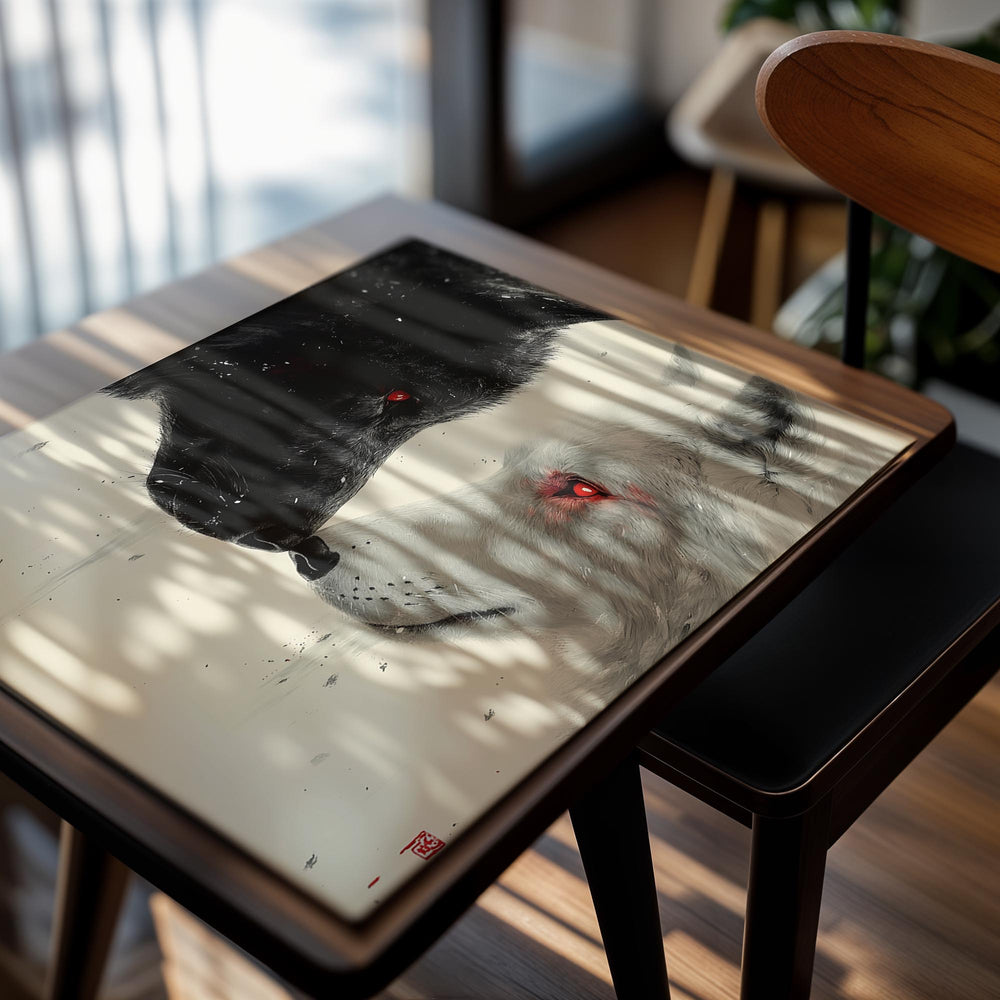 Two wolves, one black and one white, facing each other with red eyes on a beige background, as a premium aluminum metal print from GoMetalPrint.
