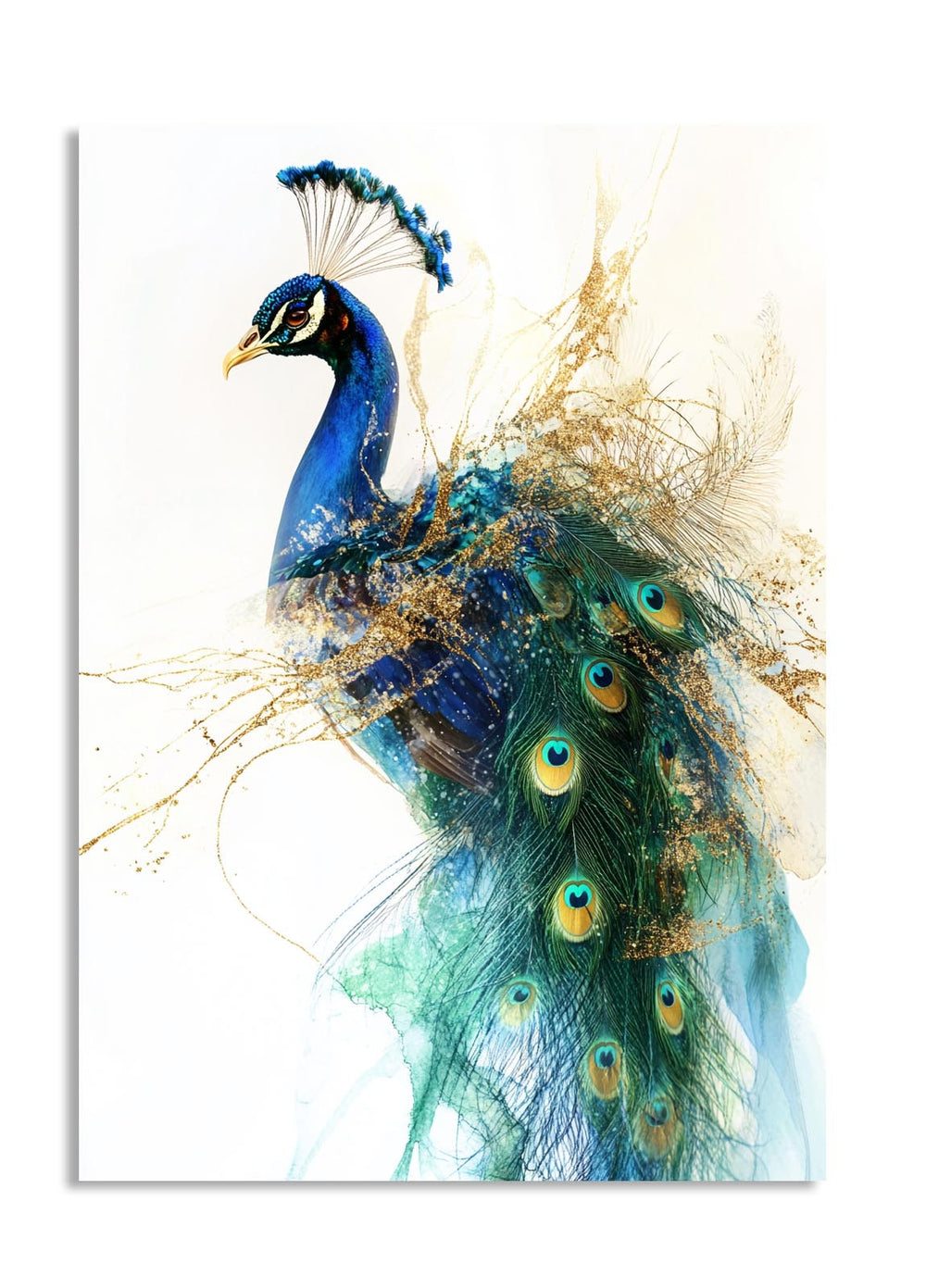 Colorful abstract painting of a peacock with blue, green, and gold colors on a white background, as a premium aluminum metal print from GoMetalPrint.
