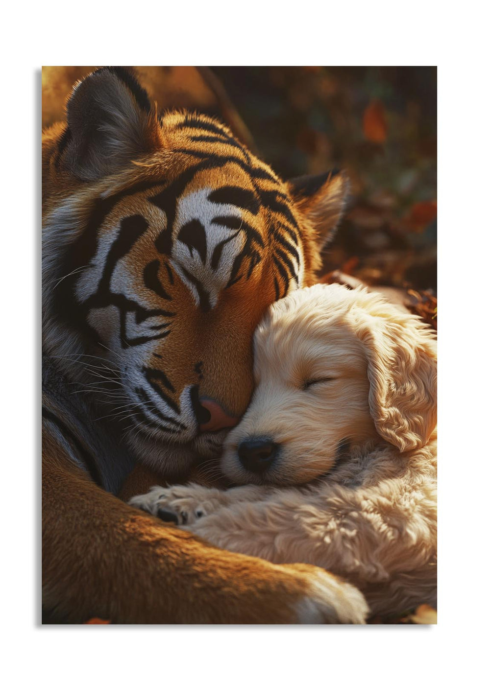 Tiger and puppy sleeping together in a warm, natural setting, as a premium aluminum metal print from GoMetalPrint.
