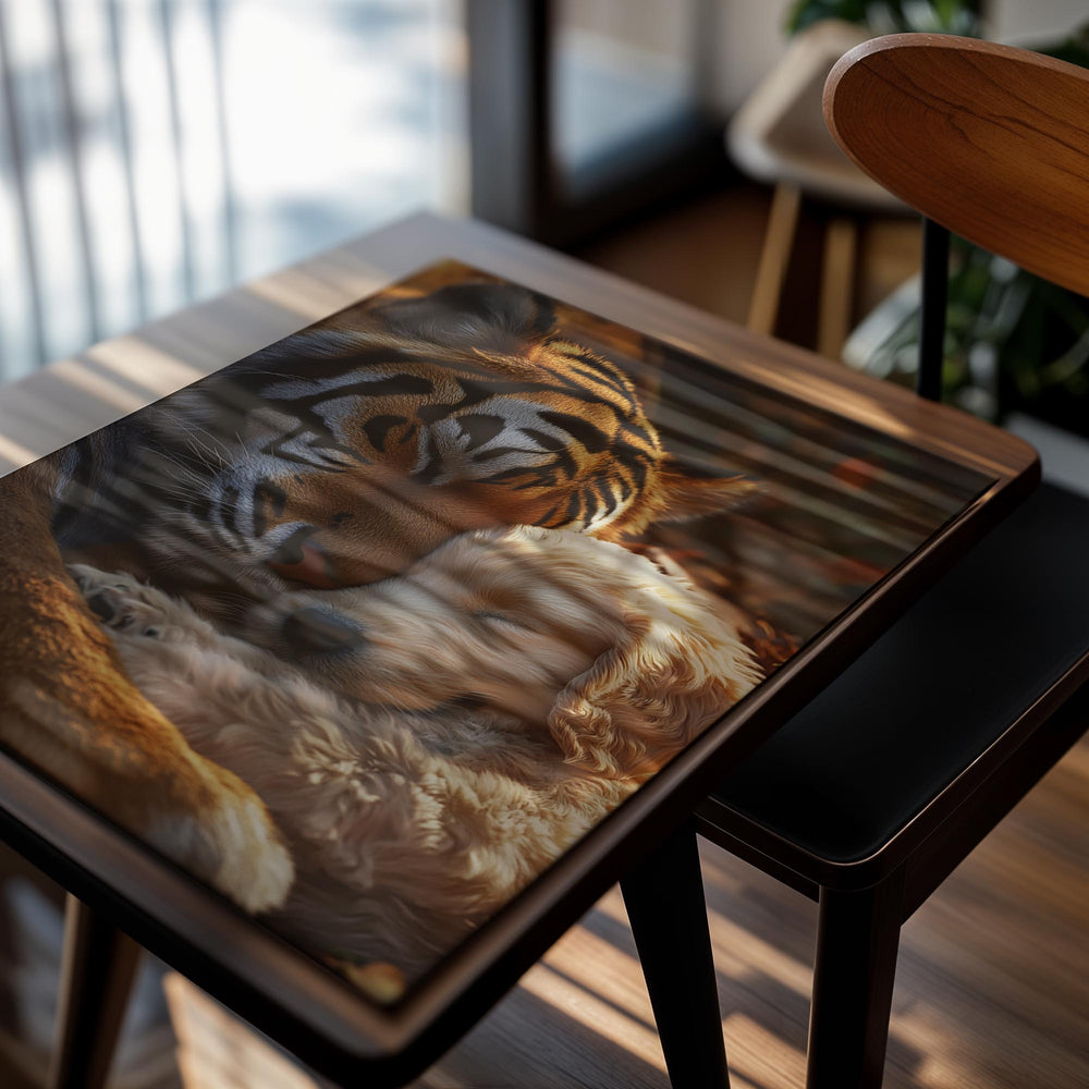 Tiger and puppy sleeping together in a warm, natural setting, as a premium aluminum metal print from GoMetalPrint.
