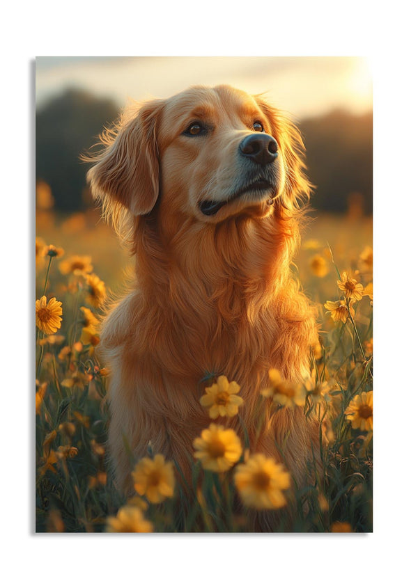 Golden retriever standing in a field of yellow flowers with a warm, sunset-like light, as a premium aluminum metal print from GoMetalPrint.

