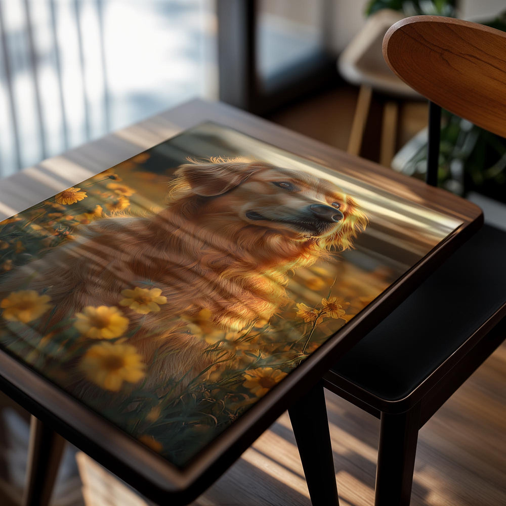 Golden retriever standing in a field of yellow flowers with a warm, sunset-like light, as a premium aluminum metal print from GoMetalPrint.
