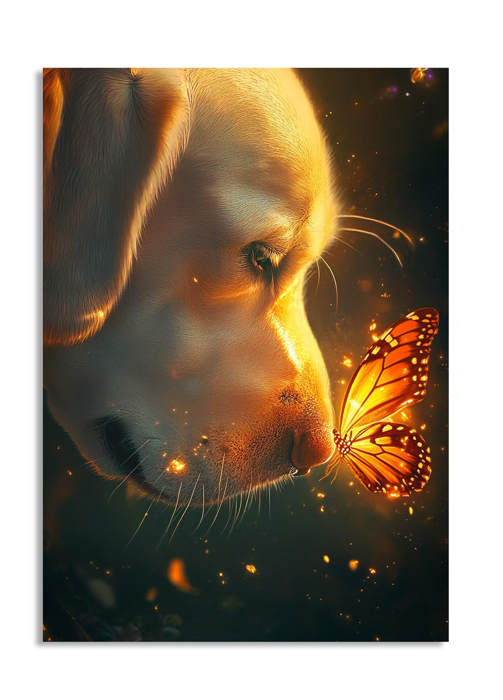 Dog's face with a butterfly on a dark background, as a premium aluminum metal print from GoMetalPrint.
