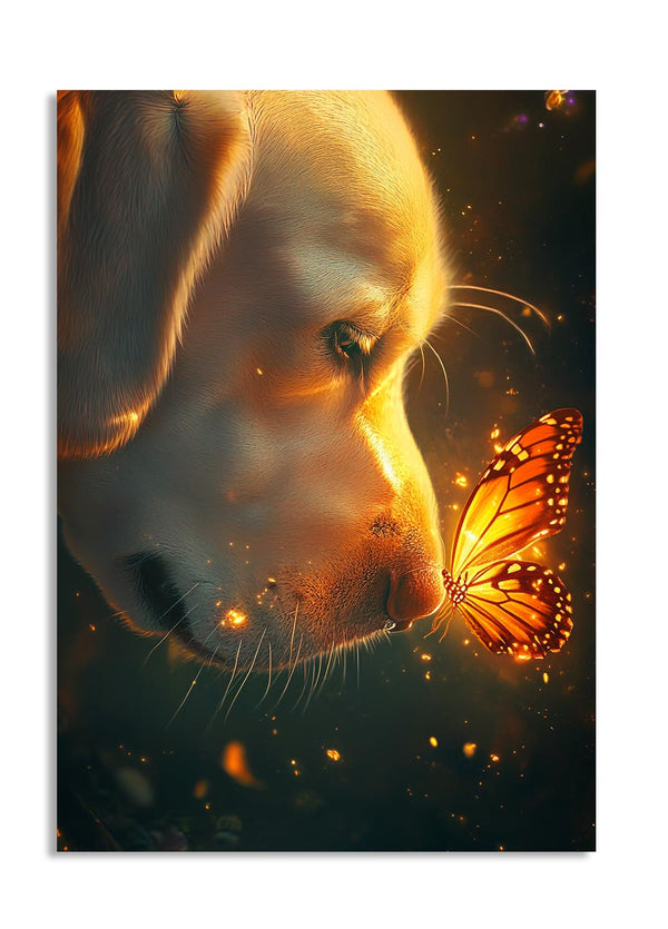 Dog's face with a butterfly on a dark background, as a premium aluminum metal print from GoMetalPrint.
