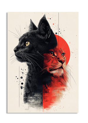 Poster with a black cat and red lion design on a beige background, as a premium aluminum metal print from GoMetalPrint.
