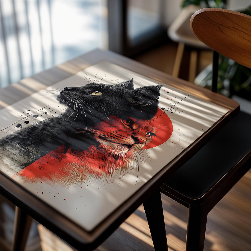 Poster with a black cat and red lion design on a beige background, as a premium aluminum metal print from GoMetalPrint.
