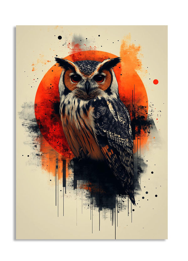 Artistic depiction of an owl with a red and orange circular background, as a premium aluminum metal print from GoMetalPrint.
