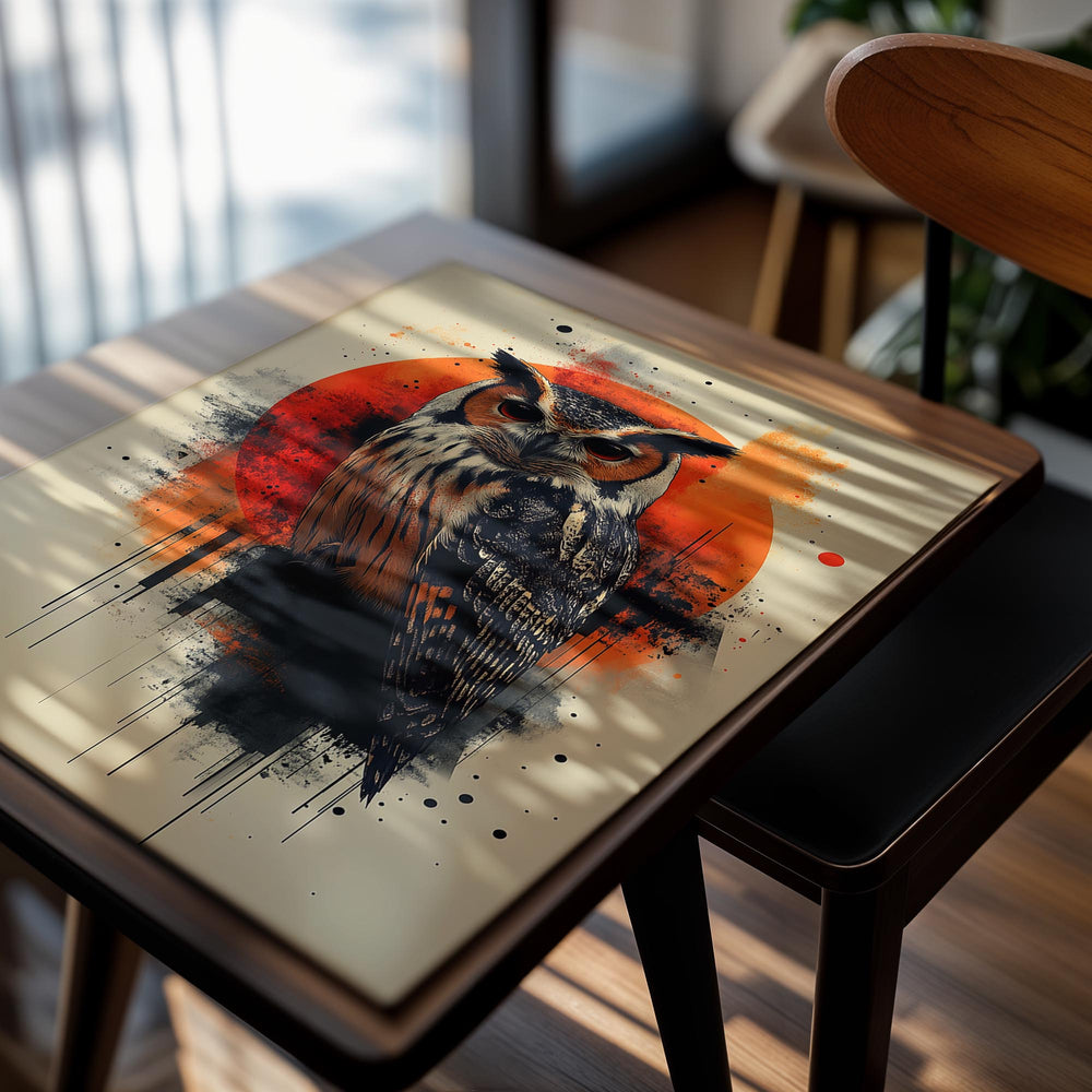 Artistic depiction of an owl with a red and orange circular background, as a premium aluminum metal print from GoMetalPrint.
