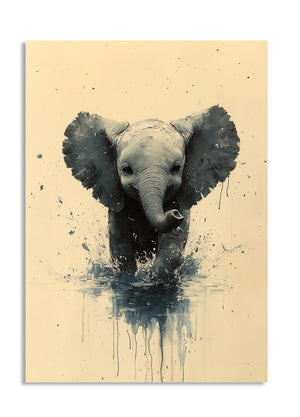 Artistic depiction of an elephant emerging from water on a beige background, as a premium aluminum metal print from GoMetalPrint.
