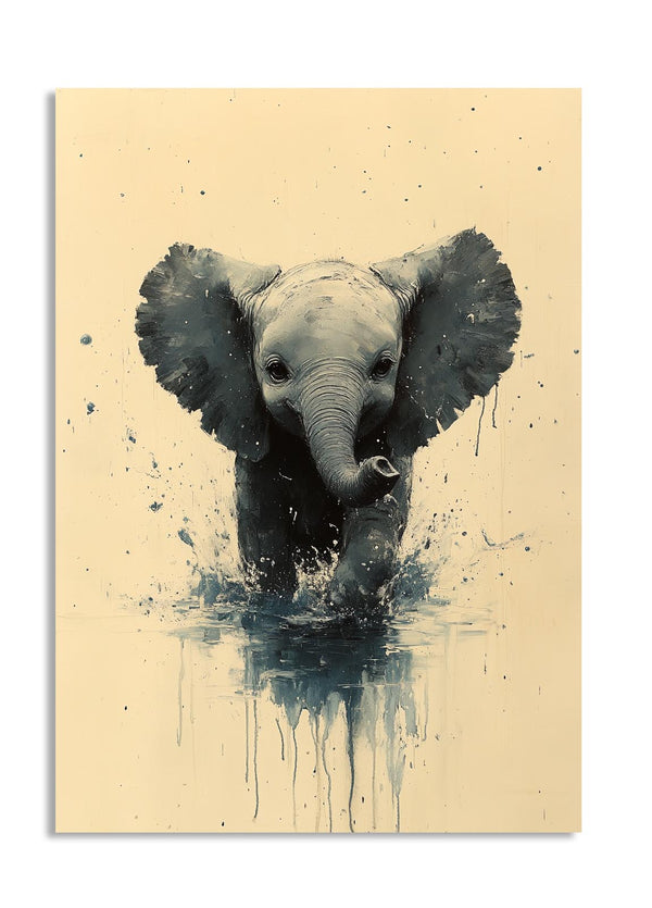 Artistic depiction of an elephant emerging from water on a beige background, as a premium aluminum metal print from GoMetalPrint.
