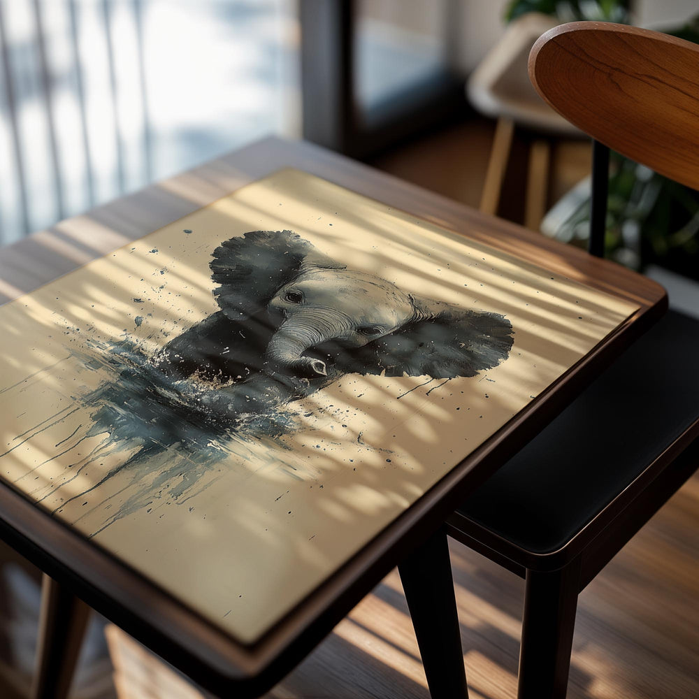 Artistic depiction of an elephant emerging from water on a beige background, as a premium aluminum metal print from GoMetalPrint.
