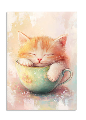 Illustration of a small kitten sleeping in a teacup with a soft, pastel background, as a premium aluminum metal print from GoMetalPrint.
