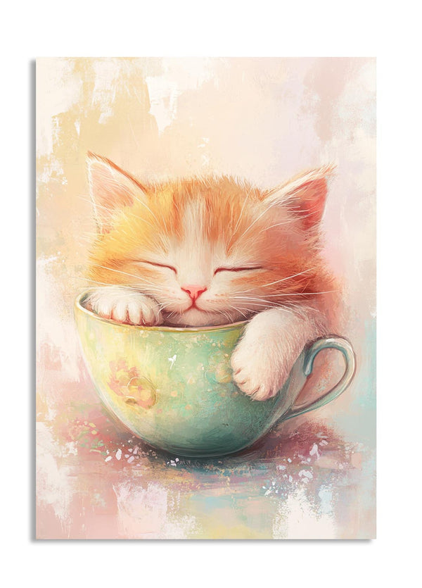 Illustration of a small kitten sleeping in a teacup with a soft, pastel background, as a premium aluminum metal print from GoMetalPrint.
