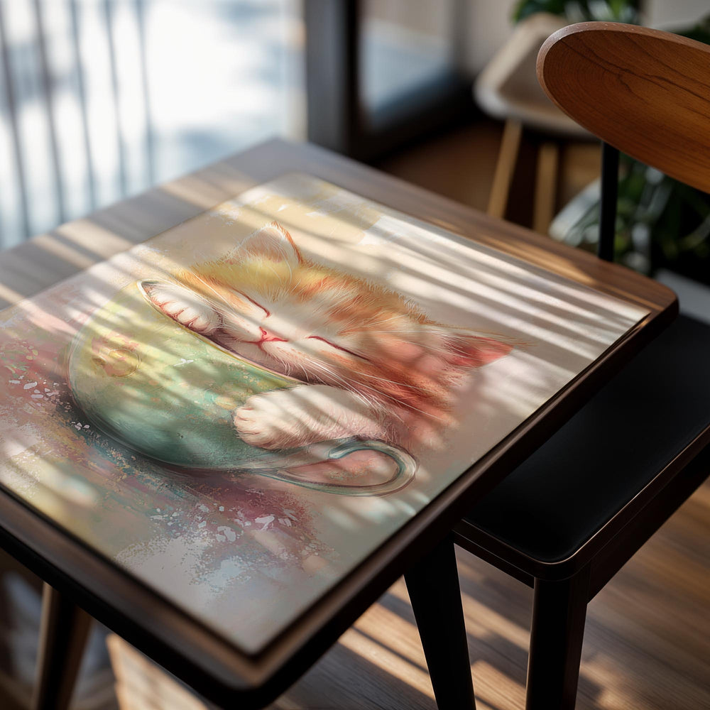 Illustration of a small kitten sleeping in a teacup with a soft, pastel background, as a premium aluminum metal print from GoMetalPrint.
