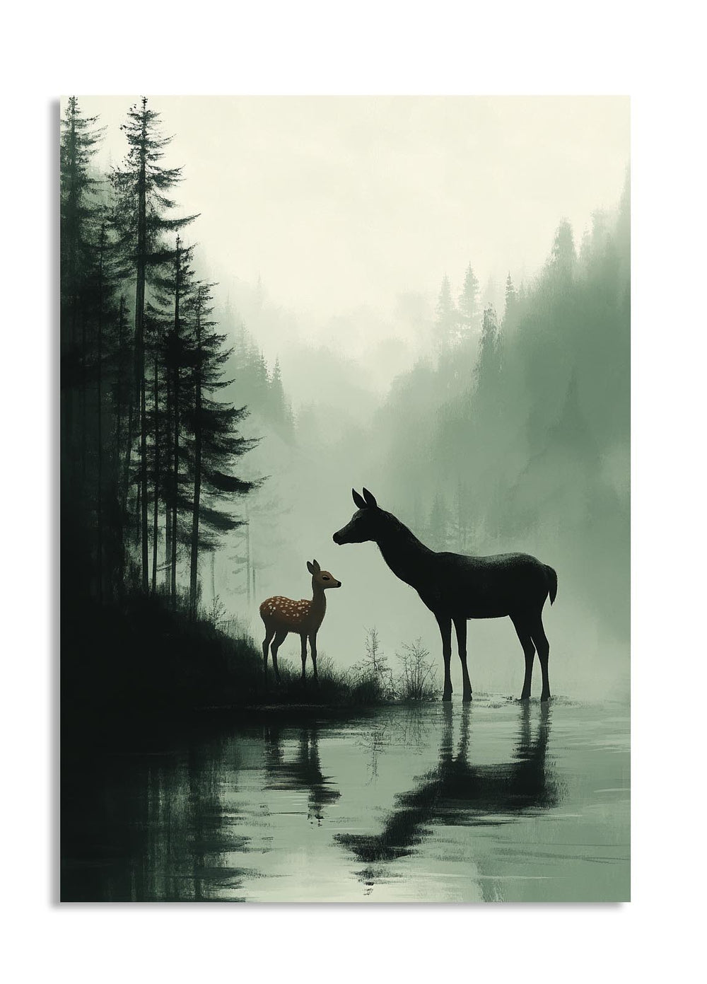 Two deer standing by a reflective lake in a forest with misty atmosphere, as a premium aluminum metal print from GoMetalPrint.

