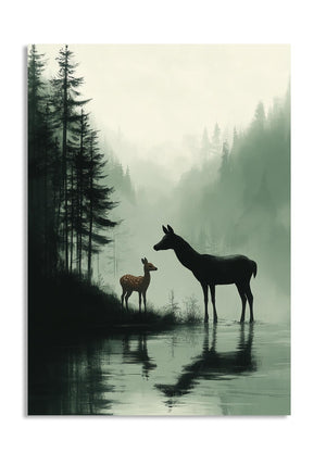 Two deer standing by a reflective lake in a forest with misty atmosphere, as a premium aluminum metal print from GoMetalPrint.

