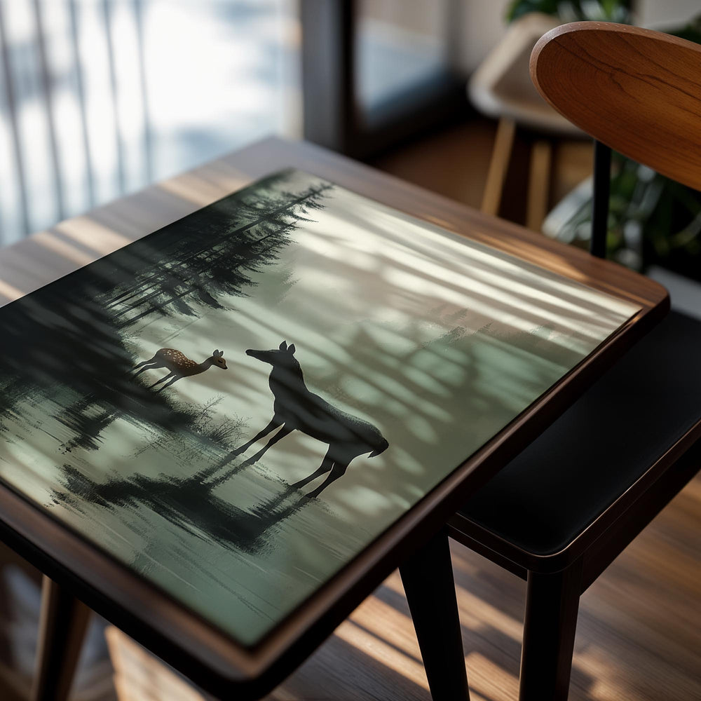 Two deer standing by a reflective lake in a forest with misty atmosphere, as a premium aluminum metal print from GoMetalPrint.
