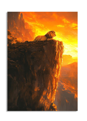 Lion on a cliff with a dramatic sunset sky, as a premium aluminum metal print from GoMetalPrint.

