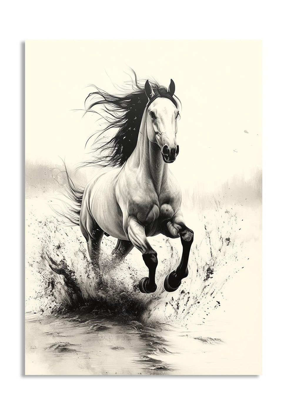 Black and white illustration of a horse running through water on a beige background, as a premium aluminum metal print from GoMetalPrint.

