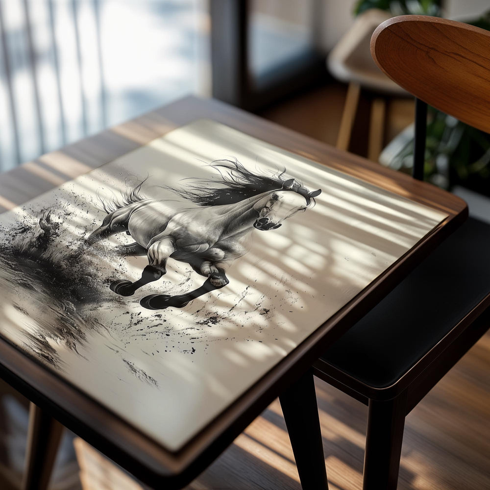 Black and white illustration of a horse running through water on a beige background, as a premium aluminum metal print from GoMetalPrint.
