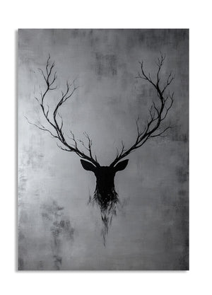 Black silhouette of a deer head with antlers on a textured gray background, as a premium aluminum metal print from GoMetalPrint.
