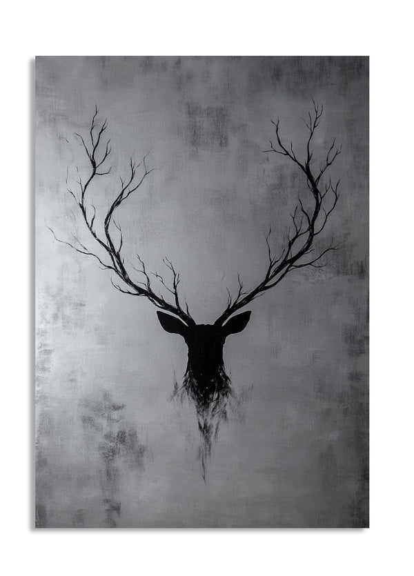 Black silhouette of a deer head with antlers on a textured gray background, as a premium aluminum metal print from GoMetalPrint.
